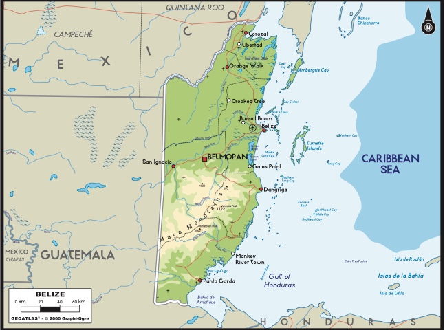 Physical map of Belize